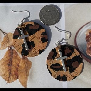 Cheetah Print Wine Cork Accent Cross Earrings Hypoallergenic